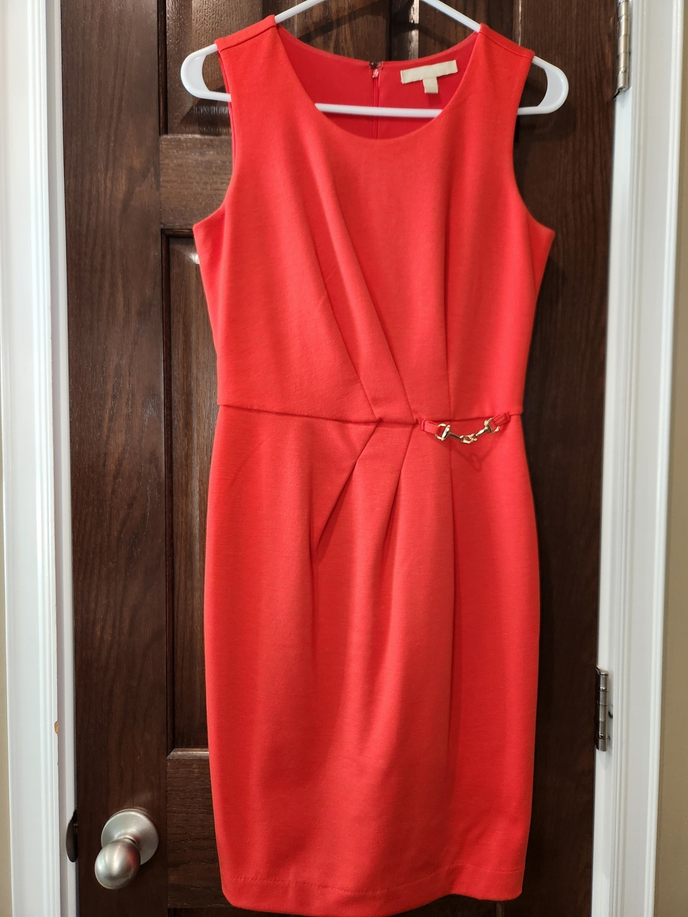 Banana Republic | Size 0 | Coral Red Sleeveless Pleated Sheath Dress Gold Detail